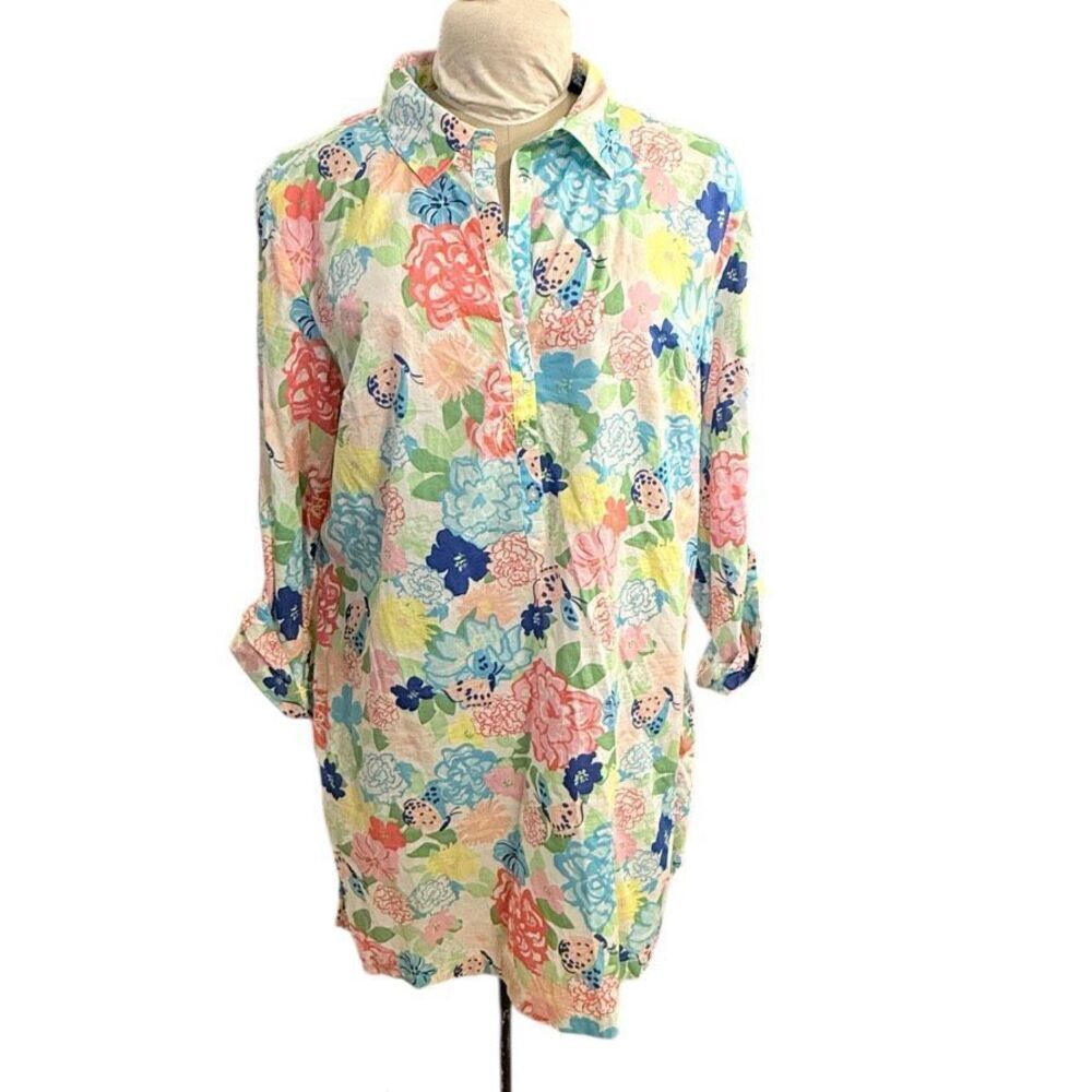 Talbots Floral Print Popover Shirt Dress Large Long Sleeve Resort